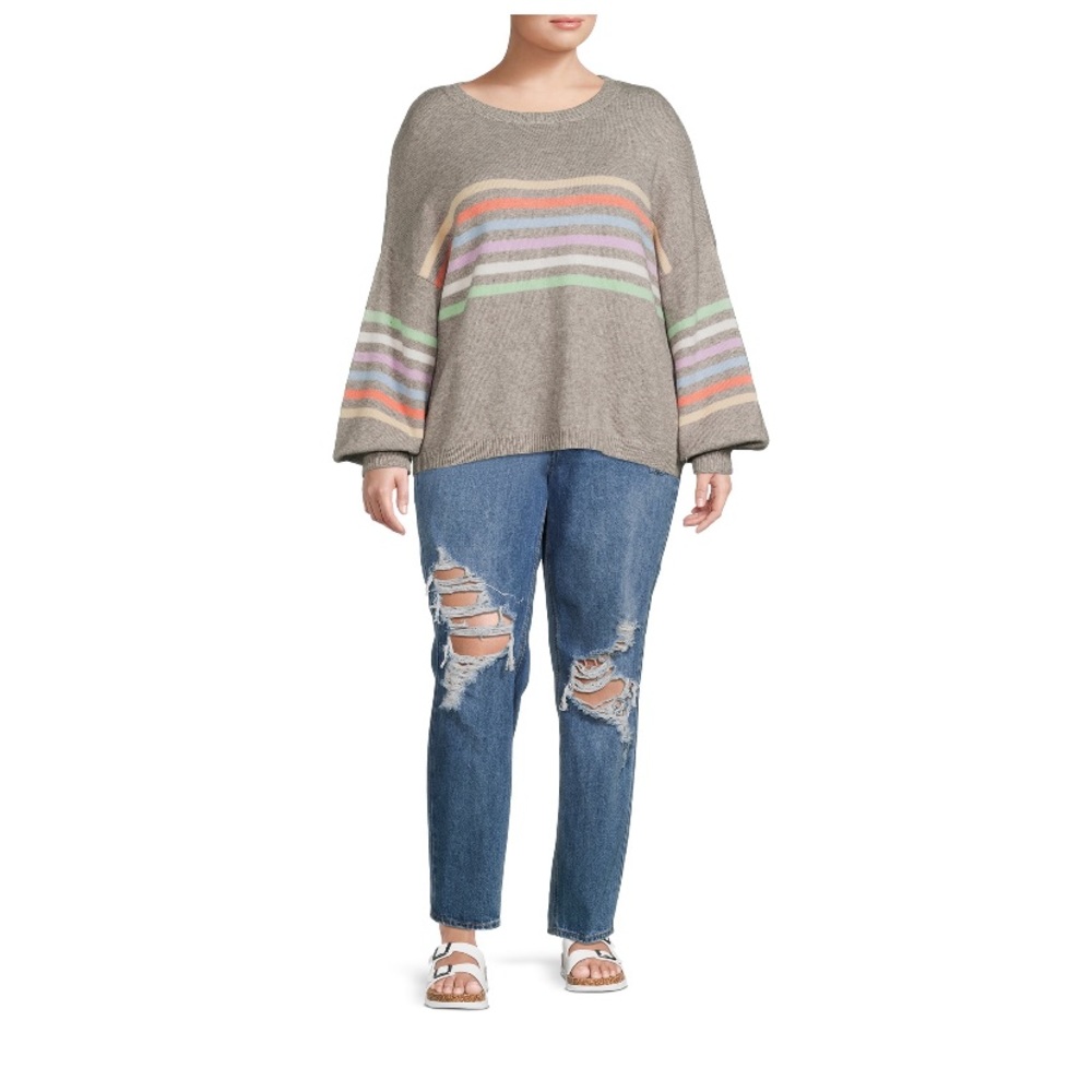 Debut Women's Plus Size Rainbow Striped Sweater with Puff Sleeves Size 1X